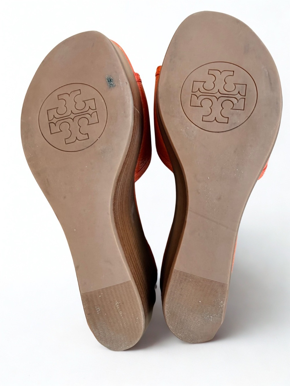 Tory Burch Selma Orange Leather Gold Logo Wedge Slide Sandals Size 6.5M - Picture 3 of 7